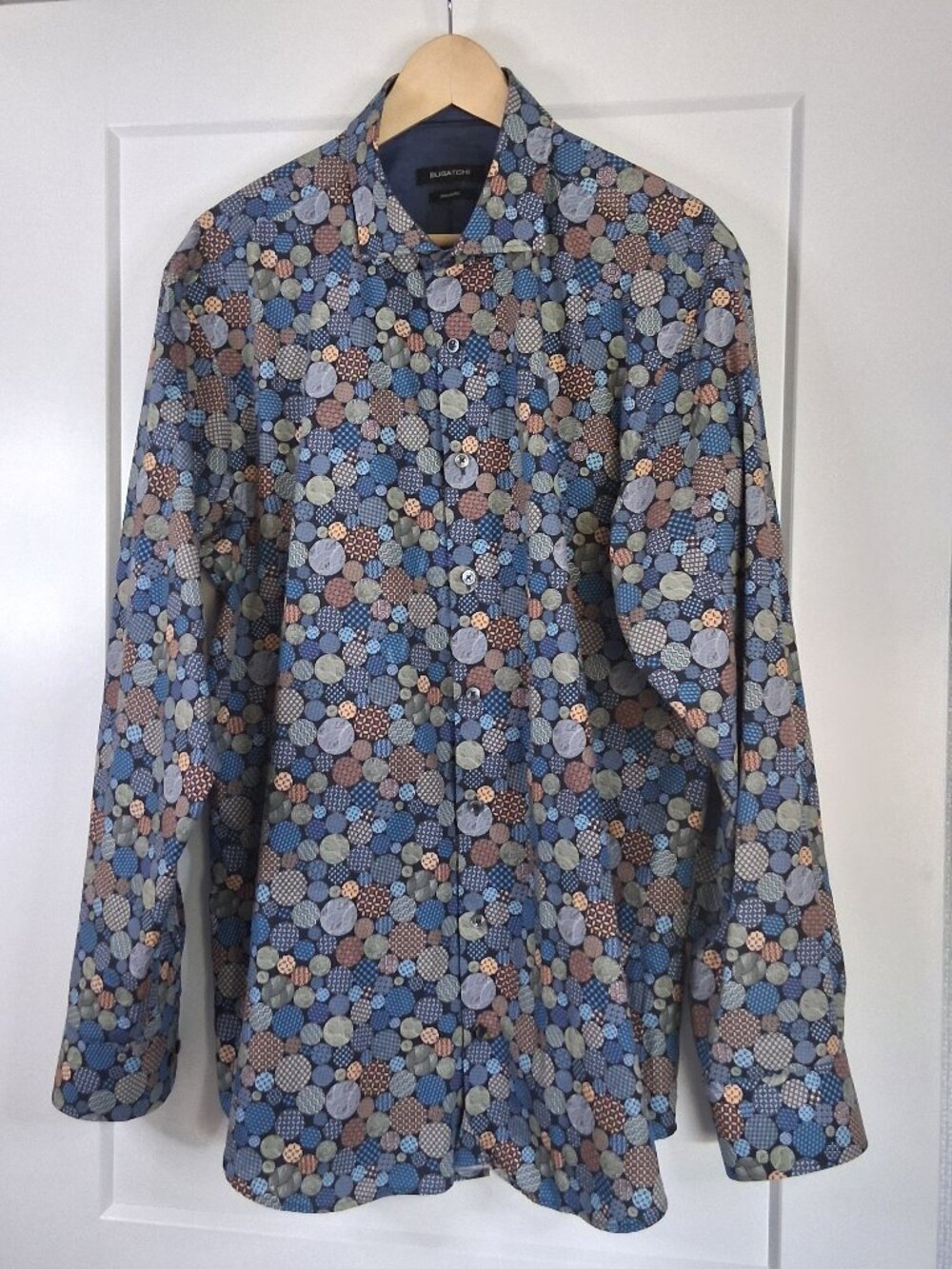 Bugatchi Classic Fit Shirt Mens XL XXL Blue Geometric Circle Print 100% Cotton